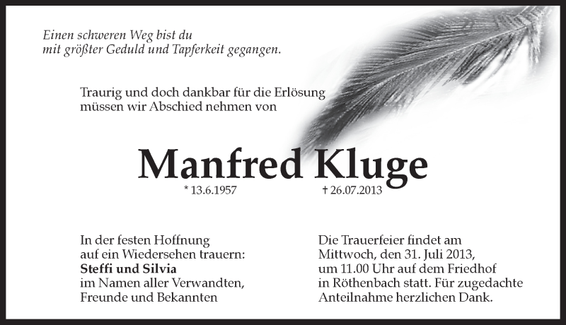  Traueranzeige für Manfred Kluge vom 29.07.2013 aus Pegnitz-Zeitung